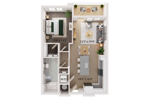 1 Bed 1 Bath Floor Plan | 733 Sq. Ft. at The Walker Virginia Center, Glen Allen, Virginia